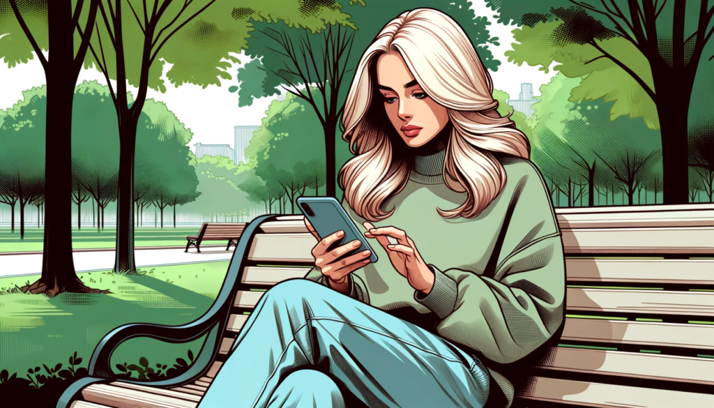 Seorang wanita sedang menggunakan smartphone di taman.