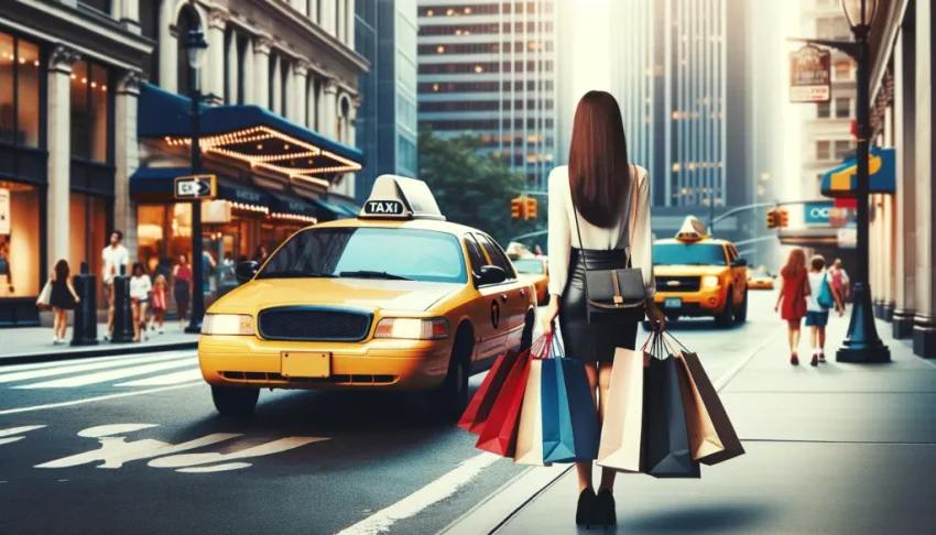 Một người phụ nữ gọi taxi bằng ứng dụng sau khi mua sắm