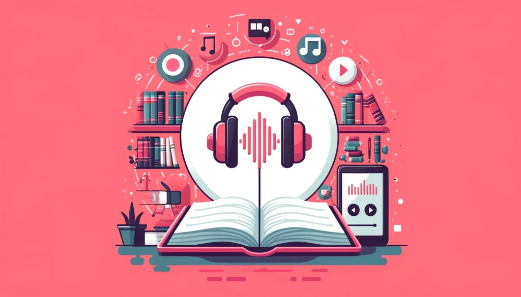 Sách mở với tai nghe kết nối, tượng trưng cho Audiobook